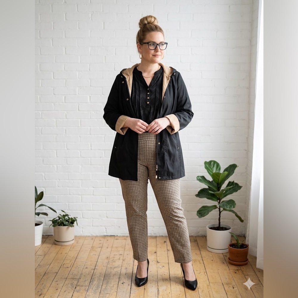 Classy 1X outfit bundle - houndstooth pants, blouse, jacket, golden earrings